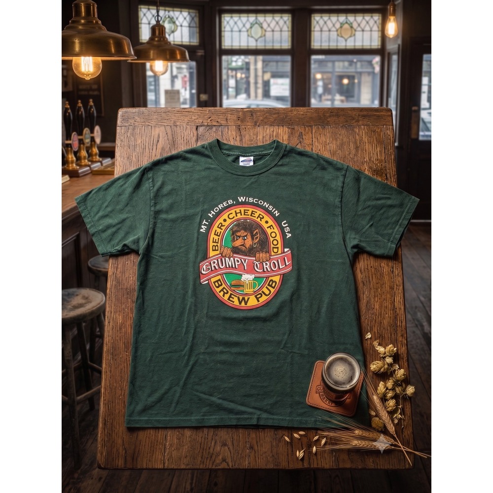 Zino Grumpy Troll Brew Pub T-Shirt Mens Large Green Excellent Graphic Tee